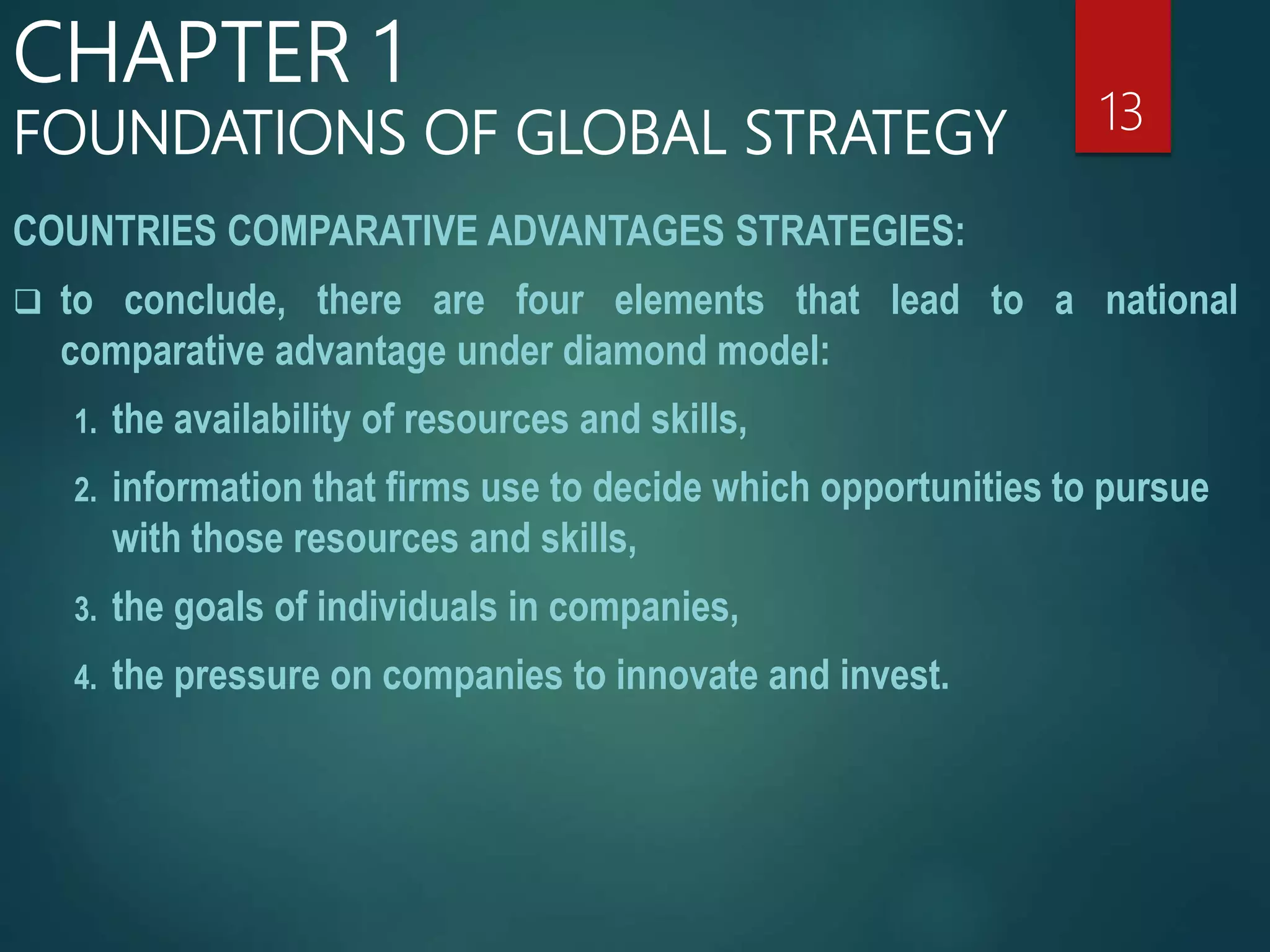COUNTRIES COMPARATIVE ADVANTAGES STRATEGIES:
 to conclude, there are four elements that lead to a national
comparative advantage under diamond model:
1. the availability of resources and skills,
2. information that firms use to decide which opportunities to pursue
with those resources and skills,
3. the goals of individuals in companies,
4. the pressure on companies to innovate and invest.
13
CHAPTER 1
FOUNDATIONS OF GLOBAL STRATEGY
 