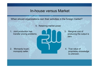 In-house versus Market

When should organizations own their activities in the foreign market?

                           5. Retaining market power

1. Joint production has                                3. Marginal cost of
   transfer pricing problems.                             producing the output is
                                                          zero.




2. Monopoly buyer,                                     4. True value of
   monopoly seller.                                       proprietary knowledge
                                                          is unknown.
 