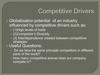  Globalization potential of an industry
  influenced by competitive drivers such as:
  • (1)High levels of trade
  • (2)Competitor’s Diversity
  • (3) Interdependence created between competitive
    strategies
 Useful Questions:
  • Do we face the same principle competitors in different
    parts of the world?
  • How many competitive arenas does our company
    compete in?
 