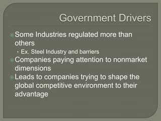  Some    Industries regulated more than
 others
  • Ex. Steel Industry and barriers
 Companies     paying attention to nonmarket
  dimensions
 Leads to companies trying to shape the
  global competitive environment to their
  advantage
 