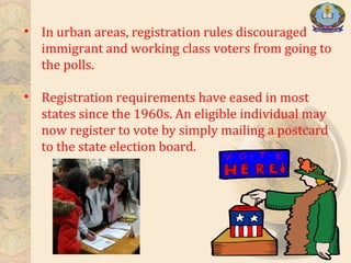 • In urban areas, registration rules discouraged
immigrant and working class voters from going to
the polls.
• Registration requirements have eased in most
states since the 1960s. An eligible individual may
now register to vote by simply mailing a postcard
to the state election board.
 