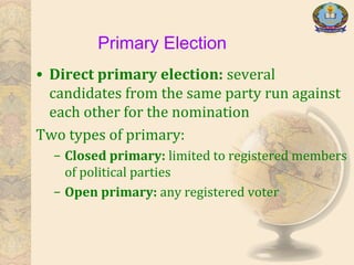 • Direct primary election: several
candidates from the same party run against
each other for the nomination
Two types of primary:
– Closed primary: limited to registered members
of political parties
– Open primary: any registered voter
Primary Election
 