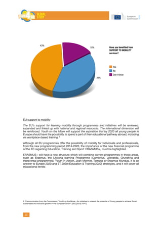 22
EU support to mobility
The EU’s support for learning mobility through programmes and initiatives will be reviewed,
expanded and linked up with national and regional resources. The international dimension will
be reinforced. Youth on the Move will support the aspiration that by 2020 all young people in
Europe should have the possibility to spend a part of their educational pathway abroad, including
via workplace-based training. 9
Although all EU programmes offer the possibility of mobility for individuals and professionals,
from the new programming period 2014-2020, the importance of the new financial programme
of the EC regarding Education, Training and Sport: ERASMUS+, must be highlighted.
ERASMUS+ will have a new structure which will combine current programmes in those areas,
such as Erasmus, the Lifelong learning Programme (Comenius, Leonardo, Grundtvig and
transversal programmes), Youth in Action, Jean Monnet, Tempus or Erasmus Mundus. It is an
answer to Europe 2020 and ET 2020 (Education & Training 2020) strategies, and it will cover all
educational levels:
9 Communication from the Commission “Youth on the Move – An initiative to unleash the potential of Young people to achieve Smart,
sustainable and inclusive growth in the European Union” {SEC(2010) 1047}
Have you beneﬁted from
SUPPORT TO MOBILITY
services?
Yes
No
Don’t Know
18%
43%
39%
 