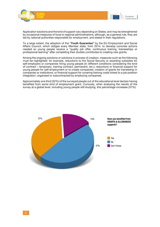 27
Application solutions and the kind of support vary depending on States, and may be strengthened
by occasional measures of local or regional administrations, although, as a general rule, they are
led by national authorities responsible for employment, and stated in their regulations.
To a large extent, the adoption of the “Youth Guarantee” by the EU Employment and Social
Affairs Council, which obliges every Member state, from 2014, to develop concrete actions
needed so young people receive a “quality job offer, continuous training, traineeships or
professional learning” after completing their studies contributes to creating new grants.
Among the ongoing solutions or solutions in process of creation, measures such as the following
must be highlighted: for example, reductions to the Social Security or awarding subsidies for
self-employers or companies hiring young people (in different conditions considering the kind
of contract – temporary, training contract, permanent, etc.); reductions or financial support for
young people for self-employment or to create companies; creation of grants for traineeship in
companies or institutions; or financial support for covering training costs linked to a job position
integration, organised or subcontracted by employing companies.
Approximately one third (32%) of the surveyed people out of the educational level declare having
benefited from some kind of employment grant. Curiously, when analysing the results of the
survey at a global level, including young people still studying, this percentage increases (37%):
Have you beneﬁted from
GRANTS & ALLOWANCES
supports?
Yes
No
Don’t Know
16%37%
47%
 