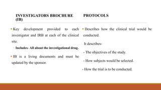 INVESTIGATORS BROCHURE
(IB)
 Key development provided to each
investigator and IRB at each of the clinical
site.
◦ Includes- All about the investigational drug.
 IB is a living documents and must be
updated by the sponsor.
PROTOCOLS
 Describes how the clinical trial would be
conducted.
It describes-
- The objectives of the study.
- How subjects would be selected.
- How the trial is to be conducted.
 