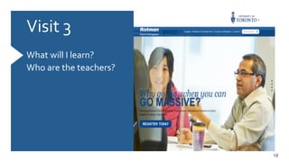 18
Visit	
  3	
  
	
  
What	
  will	
  I	
  learn?	
  
Who	
  are	
  the	
  teachers?	
  
	
  
	
  
 