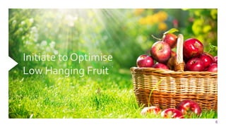 6
Initiate	
  to	
  Optimise	
  
Low	
  Hanging	
  Fruit	
  
 