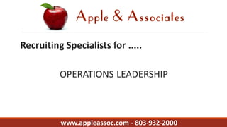 Recruiting Specialists for .....
OPERATIONS LEADERSHIP
www.appleassoc.com - 803-932-2000