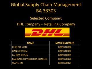 Global Supply Chain Management
BA 33303
Selected Company:
DHL Company – Retailing Company

NAME

MATRIX NUMBER

CHIN FUI YIEN

BB09110006

GAN SIEW KIM

BB09110307

LAI KIM KHYUN

BB09110089

MARGARETH VIOLLITHA CHARLES

BB09170476

WANG JIN

BB10170874

 