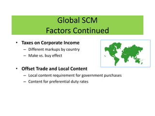 Global SCM
Factors Continued
• Taxes on Corporate Income
– Different markups by country
– Make vs. buy effect
• Offset Trade and Local Content
– Local content requirement for government purchases
– Content for preferential duty rates
 