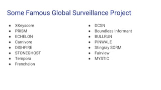 Some Famous Global Surveillance Project
 XKeyscore
 PRISM
 ECHELON
 Carnivore
 DISHFIRE
 STONEGHOST
 Tempora
 Frenchelon
 DCSN
 Boundless Informant
 BULLRUN
 PINWALE
 Stingray SORM
 Fairview
 MYSTIC
 