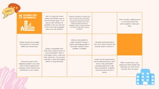 Start a cycling club where
children and families cycle to
school and back again. Try to
get as many members as
possible to join your club and
write to the local newspaper
about your new initiative!
Research emergency situations that
have occurred in your community.
How can the community be better
prepared? Propose ways to be
better prepared and invite a
firefighter, doctor or police member
into school to talk about various
situations.
Start a student, neighbourhood
or community group that
works together to help each
other.
Design a poster encouraging
the protection of local trees,
wildlife and natural areas.
Design a sustainable town.
What does it need to have in it
to be sustainable? Think of
food supply, power, water and
other resources. You can draw
and label, or build with building
blocks or using Minecraft!
What are the benefits of
public transport? Design a
poster encouraging people to
use public transport where
possible, if available.
Generate awareness about
your city's carbon footprint and
propose ways to improve it.
Educate yourself on the
indigenous people in your area.
Write a report explaining the
positives of their influence and
contribution to your society.
Where are the nearest parks
and recreational areas to you?
Draw a map and booklet
showing people how to get
there and benefits of getting
some exercise and time in
nature.
Make a buddy stop in your
playground where people who
need help can come to find
someone who can assist.
 