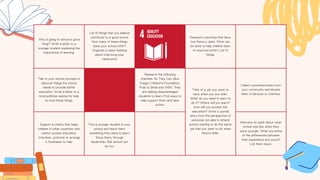 Why is going to school a good
thing? Write a letter to a
younger student explaining the
importance of learning.
List 10 things that you believe
contribute to a good school.
How many of these things
does your school offer?
Organise a class meeting
about improving your
classroom!
Research countries that have
low literacy rates. What can
be done to help children learn
to read and write? List 10
things.
Talk to your school principal to
discover things the school
needs to provide better
education. Write a letter to a
local politician asking for help
to fund these things.
Research the following
charities: So They Can, Blue
Dragon Children's Foundation,
Free to Shine and WEIV. They
are helping disadvantaged
students to learn. Find ways to
help support them and take
action.
Think of a job you want to
have when you are older.
What do you need to learn to
do it? Where will you learn?
How will you access this
education? Write a journal
entry from the perspective of
someone not able to attend
school wanting to do the same
job that you want to do when
they're older.
Collect unwanted books from
your community and donate
them to libraries or charities.
Support a charity that helps
children in other countries who
cannot access education.
Volunteer, promote or arrange
a fundraiser to help.
Find a younger student in your
school and teach them
something they need to learn.
Show them, through
leadership, that school can
be fun.
Interview an adult about what
school was like when they
were younger. What are some
of the differences between
their experience and yours?
List them down.
 