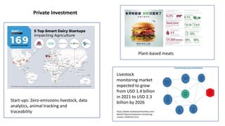 Livestock
monitoring market
expected to grow
from USD 1.4 billion
in 2021 to USD 2.3
billion by 2026
https://www.marketsandmarkets.com/
Market-Reports/livestock-monitoring-
market-72634532.html
Start-ups: Zero-emissions livestock, data
analytics, animal tracking and
traceability
Plant-based meats
Private Investment
 