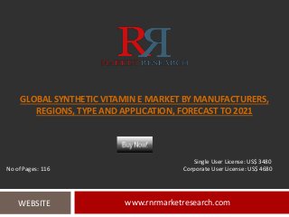 GLOBAL SYNTHETIC VITAMIN E MARKET BY MANUFACTURERS,
REGIONS, TYPE AND APPLICATION, FORECAST TO 2021
www.rnrmarketresearch.comWEBSITE
Single User License: US$ 3480
No of Pages: 116 Corporate User License: US$ 4680
 