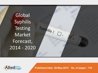 Published Date: 29-May-2015 No. of pages : 118
Global
Syphilis
Testing
Market
Forecast,
2014 - 2020
 