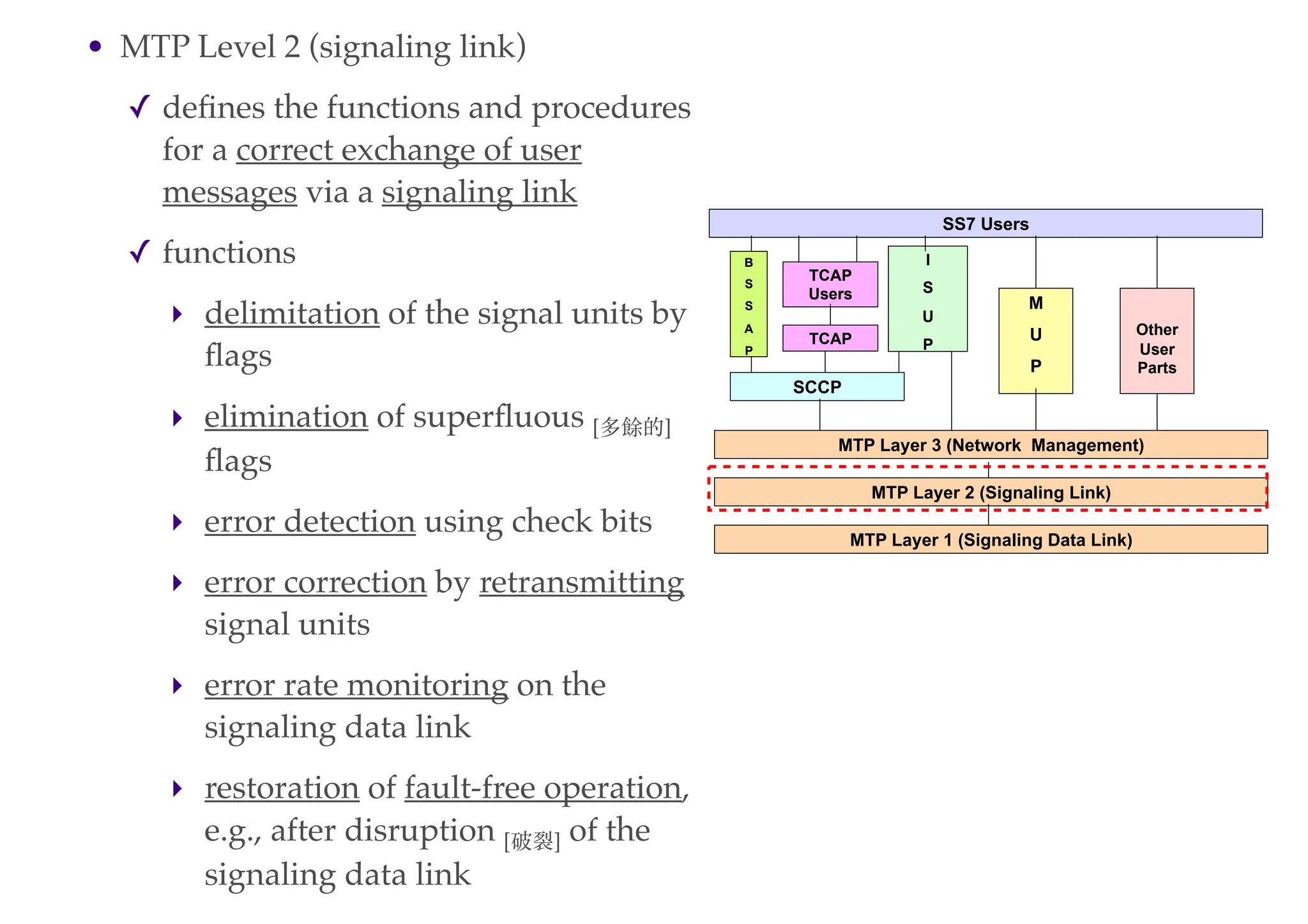 • MTP Level 2 (signaling link)
✓ defines the functions and procedures
for a correct exchange of user
messages via a signaling link
✓ functions
‣ delimitation of the signal units by
flags
‣ elimination of superfluous [多餘的]
flags
‣ error detection using check bits
‣ error correction by retransmitting
signal units
‣ error rate monitoring on the
signaling data link
‣ restoration of fault-free operation,
e.g., after disruption [破裂] of the
signaling data link
MTP Layer 3 (Network Management)
MTP Layer 1 (Signaling Data Link)
MTP Layer 2 (Signaling Link)
SCCP
B
S
S
A
P
I
S
U
P
TCAP
TCAP
Users
SS7 Users
M
U
P
Other
User
Parts
 
