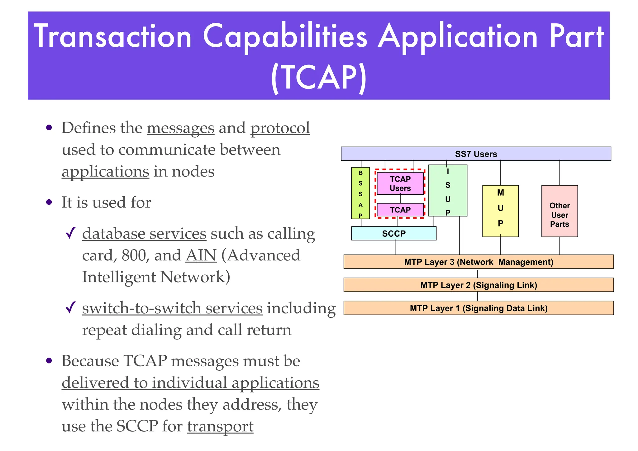 Transaction Capabilities Application Part
(TCAP)
• Defines the messages and protocol
used to communicate between
applications in nodes
• It is used for
✓ database services such as calling
card, 800, and AIN (Advanced
Intelligent Network)
✓ switch-to-switch services including
repeat dialing and call return
• Because TCAP messages must be
delivered to individual applications
within the nodes they address, they
use the SCCP for transport
MTP Layer 3 (Network Management)
MTP Layer 1 (Signaling Data Link)
MTP Layer 2 (Signaling Link)
SCCP
B
S
S
A
P
I
S
U
P
TCAP
TCAP
Users
SS7 Users
M
U
P
Other
User
Parts
 