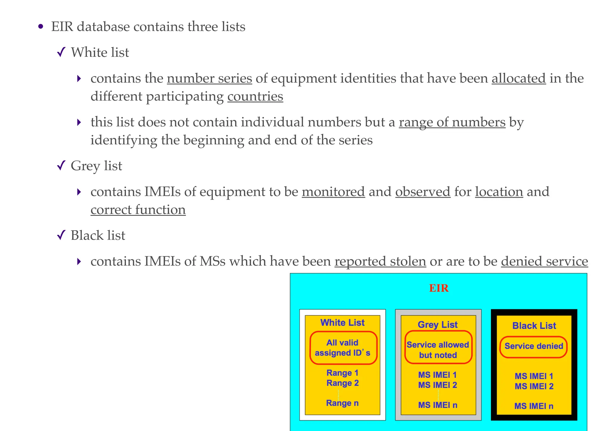 • EIR database contains three lists
✓ White list
‣ contains the number series of equipment identities that have been allocated in the
different participating countries
‣ this list does not contain individual numbers but a range of numbers by
identifying the beginning and end of the series
✓ Grey list
‣ contains IMEIs of equipment to be monitored and observed for location and
correct function
✓ Black list
‣ contains IMEIs of MSs which have been reported stolen or are to be denied service
 
