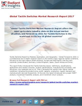 Follow Us:
Global Tactile Switches Market Research Report 2017
Tactile Switches Report by Material, Application, and Geography - Global Forecast to 2021 is
a professional and in-depth research report on the world's major regional market conditions,
focusing on the main regions (North America, Europe and Asia-Pacific) and the main
countries (United States, Germany, United Kingdom, Japan, South Korea and China).
The report firstly introduced the Tactile Switches basics: definitions, classifications,
applications and market overview; product specifications; manufacturing processes; cost
structures, raw materials and so on. Then it analyzed the world's main region market
conditions, including the product price, profit, capacity, production, supply, demand and
market growth rate and forecast etc. In the end, the report introduced new project SWOT
analysis, investment feasibility analysis, and investment return analysis.
Browse Full Research Report with TOC on
http://www.radiantinsights.com/research/global-tactile-switches-market-
research-report-2017
“Global Tactile Switches Market Research Report offers the
most up-to-date industry data on the actual market
situation, and forecast to 2021 for Tactile Switches in the
world and in the top 10 global countries”
 