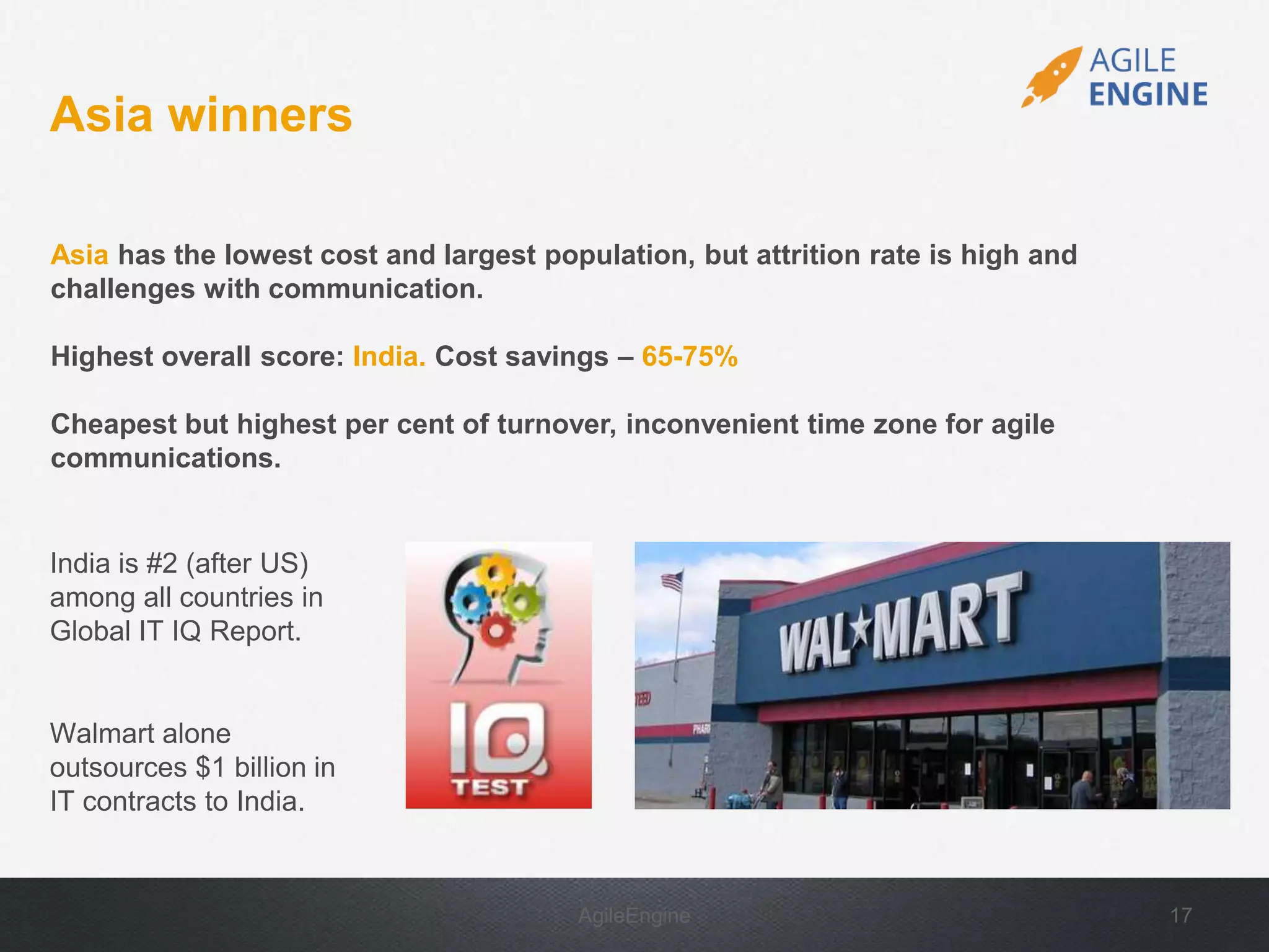 AgileEngine 17
Asia has the lowest cost and largest population, but attrition rate is high and
challenges with communication.
Highest overall score: India. Cost savings – 65-75%
Cheapest but highest per cent of turnover, inconvenient time zone for agile
communications.
Asia winners
India is #2 (after US)
among all countries in
Global IT IQ Report.
Walmart alone
outsources $1 billion in
IT contracts to India.
 