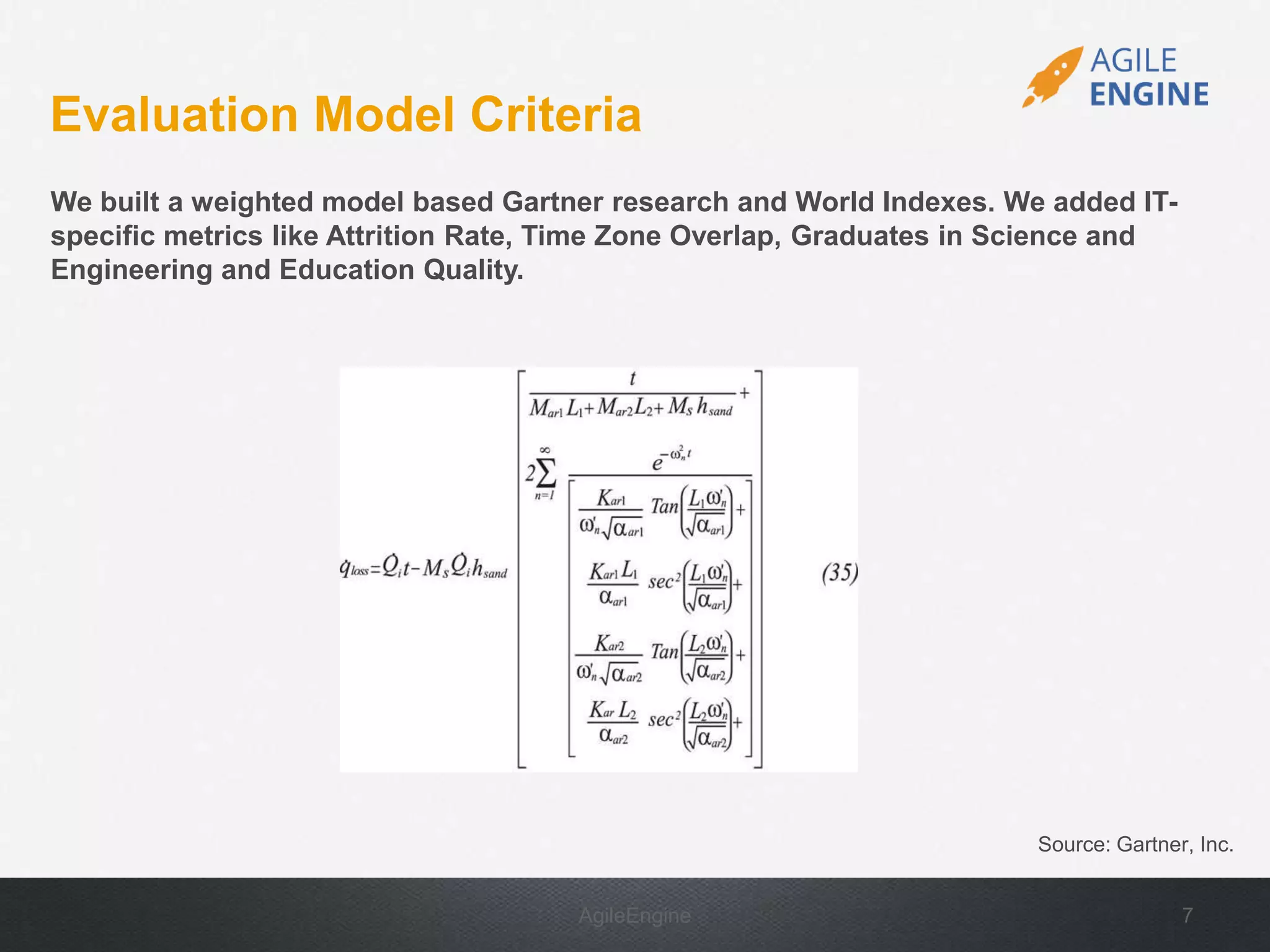 AgileEngine 7
We built a weighted model based Gartner research and World Indexes. We added IT-
specific metrics like Attrition Rate, Time Zone Overlap, Graduates in Science and
Engineering and Education Quality.
Evaluation Model Criteria
Source: Gartner, Inc.
 