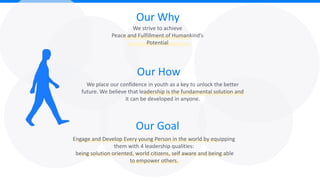 Our Goal
Our Why
We strive to achieve
Peace and Fulfillment of Humankind’s
Potential
Our How
We place our confidence in youth as a key to unlock the better
future. We believe that leadership is the fundamental solution and
it can be developed in anyone.
Engage and Develop Every young Person in the world by equipping
them with 4 leadership qualities:
being solution oriented, world citizens, self aware and being able
to empower others.
 