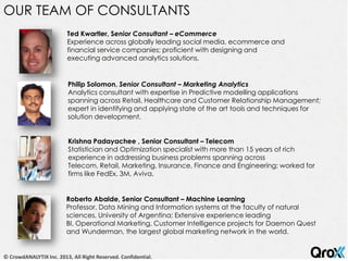 OUR TEAM OF CONSULTANTS
Ted Kwartler, Senior Consultant – eCommerce
Experience across globally leading social media, ecommerce and
financial service companies; proficient with designing and
executing advanced analytics solutions.
Philip Solomon, Senior Consultant – Marketing Analytics
Analytics consultant with expertise in Predictive modelling applications
spanning across Retail, Healthcare and Customer Relationship Management;
expert in identifying and applying state of the art tools and techniques for
solution development.
Roberto Abalde, Senior Consultant – Machine Learning
Professor, Data Mining and Information systems at the faculty of natural
sciences, University of Argentina; Extensive experience leading
BI, Operational Marketing, Customer Intelligence projects for Daemon Quest
and Wunderman, the largest global marketing network in the world.
Krishna Padayachee , Senior Consultant – Telecom
Statistician and Optimization specialist with more than 15 years of rich
experience in addressing business problems spanning across
Telecom, Retail, Marketing, Insurance, Finance and Engineering; worked for
firms like FedEx, 3M, Aviva.
© CrowdANALYTIX Inc. 2013, All Right Reserved. Confidential.
 