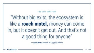 5050
“Without big exits, the ecosystem is
like a roach motel, money can come
in, but it doesn’t get out. And that’s not
a good thing for anyone”
T H E E X I T S T R A T E G Y
— Lou Kerner, Partner at CryptoOracle.io
 