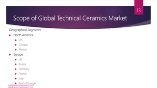 Scope of Global Technical Ceramics Market
Geographical Segments
 North America
 U.S.
 Canada
 Mexico
 Europe
 UK
 Russia
 Germany
 France
 Italy
 Rest of Europe
help@variantmarketresearch.com |
sales@variantmarketresearch.com
13
 
