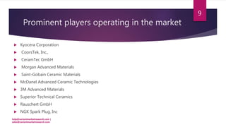 Prominent players operating in the market
 Kyocera Corporation
 CoorsTek, Inc.,
 CeramTec GmbH
 Morgan Advanced Materials
 Saint-Gobain Ceramic Materials
 McDanel Advanced Ceramic Technologies
 3M Advanced Materials
 Superior Technical Ceramics
 Rauschert GmbH
 NGK Spark Plug, Inc
help@variantmarketresearch.com |
sales@variantmarketresearch.com
9
 