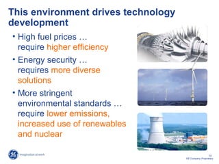 10
GE Company Proprietary
This environment drives technology
development
• High fuel prices …
require higher efficiency
• Energy security …
requires more diverse
solutions
• More stringent
environmental standards …
require lower emissions,
increased use of renewables
and nuclear
 