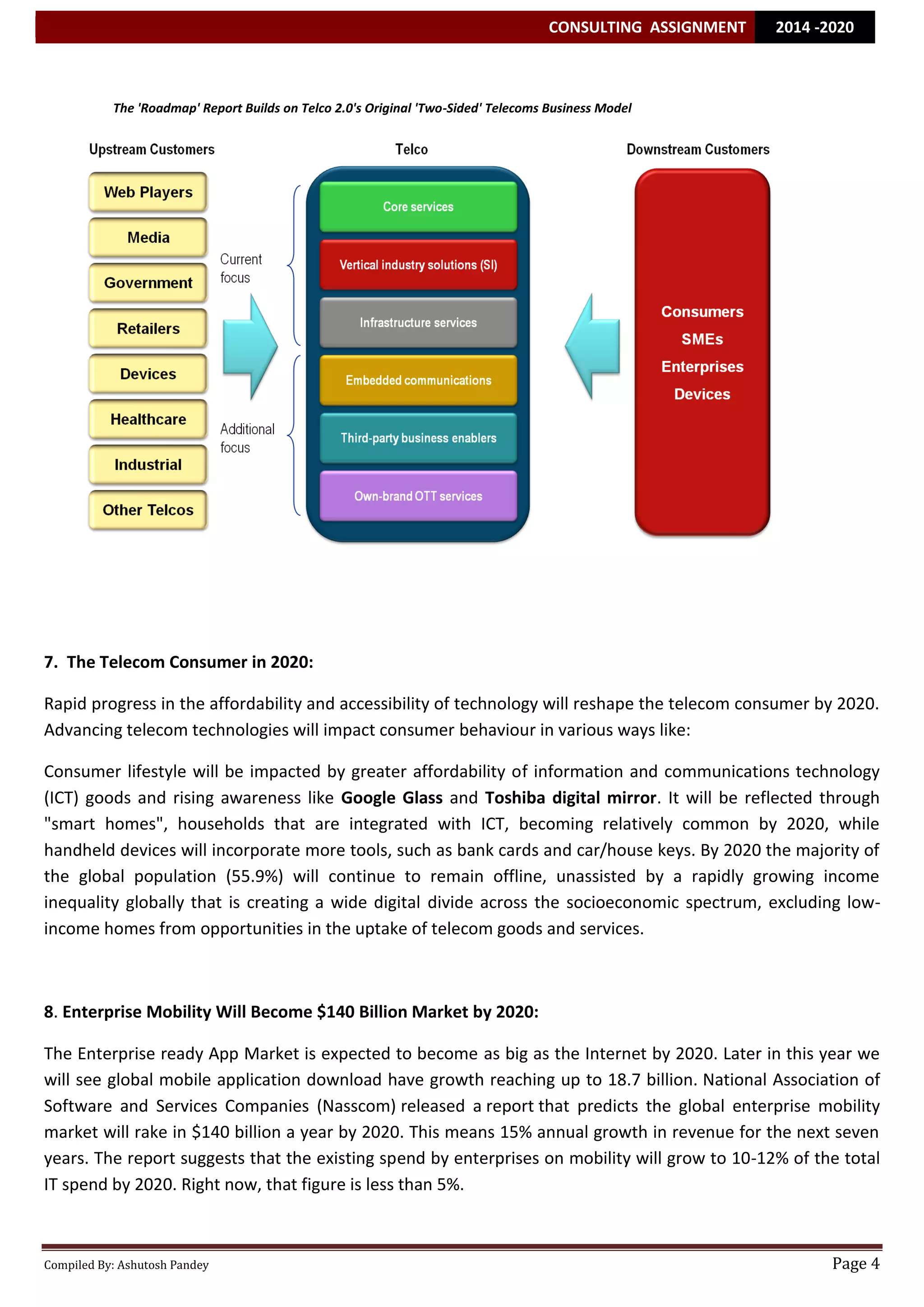 CONSULTING ASSIGNMENT 2014 -2020 
Compiled By: Ashutosh Pandey Page 4 
The 'Roadmap' Report Builds on Telco 2.0's Original 'Two-Sided' Telecoms Business Model 
7. The Telecom Consumer in 2020: Rapid progress in the affordability and accessibility of technology will reshape the telecom consumer by 2020. Advancing telecom technologies will impact consumer behaviour in various ways like: Consumer lifestyle will be impacted by greater affordability of information and communications technology (ICT) goods and rising awareness like Google Glass and Toshiba digital mirror. It will be reflected through "smart homes", households that are integrated with ICT, becoming relatively common by 2020, while handheld devices will incorporate more tools, such as bank cards and car/house keys. By 2020 the majority of the global population (55.9%) will continue to remain offline, unassisted by a rapidly growing income inequality globally that is creating a wide digital divide across the socioeconomic spectrum, excluding low- income homes from opportunities in the uptake of telecom goods and services. 
8. Enterprise Mobility Will Become $140 Billion Market by 2020: The Enterprise ready App Market is expected to become as big as the Internet by 2020. Later in this year we will see global mobile application download have growth reaching up to 18.7 billion. National Association of Software and Services Companies (Nasscom) released a report that predicts the global enterprise mobility market will rake in $140 billion a year by 2020. This means 15% annual growth in revenue for the next seven years. The report suggests that the existing spend by enterprises on mobility will grow to 10-12% of the total IT spend by 2020. Right now, that figure is less than 5%.  