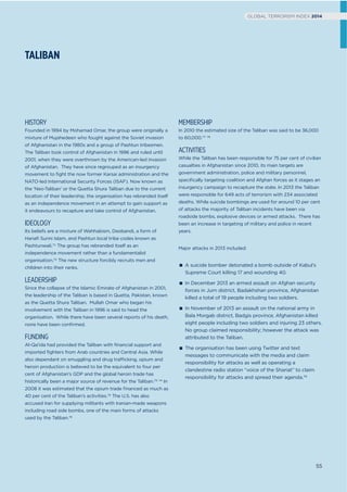 TALIBAN
HISTORY
Founded in 1994 by Mohamad Omar, the group were originally a
mixture of Mujahedeen who fought against the Soviet invasion
of Afghanistan in the 1980s and a group of Pashtun tribesmen.
The Taliban took control of Afghanistan in 1996 and ruled until
2001, when they were overthrown by the American-led invasion
of Afghanistan. They have since regrouped as an insurgency
movement to ﬁght the now former Karsai administration and the
NATO-led International Security Forces (ISAF). Now known as
the ‘Neo-Taliban’ or the Quetta Shura Taliban due to the current
location of their leadership, the organisation has rebranded itself
as an independence movement in an attempt to gain support as
it endeavours to recapture and take control of Afghanistan.
IDEOLOGY
Its beliefs are a mixture of Wahhabism, Deobandi, a form of
Hanaﬁ Sunni Islam, and Pashtun local tribe codes known as
Pashtunwali.71 The group has rebranded itself as an
independence movement rather than a fundamentalist
organisation.72 The new structure forcibly recruits men and
children into their ranks.
LEADERSHIP
Since the collapse of the Islamic Emirate of Afghanistan in 2001,
the leadership of the Taliban is based in Quetta, Pakistan, known
as the Quetta Shura Taliban. Mullah Omar who began his
involvement with the Taliban in 1996 is said to head the
organisation. While there have been several reports of his death,
none have been conﬁrmed.
FUNDING
Al-Qa’ida had provided the Taliban with ﬁnancial support and
imported ﬁghters from Arab countries and Central Asia. While
also dependant on smuggling and drug trafficking, opium and
heroin production is believed to be the equivalent to four per
cent of Afghanistan’s GDP and the global heroin trade has
historically been a major source of revenue for the Taliban.73 74 In
2008 it was estimated that the opium trade ﬁnanced as much as
40 per cent of the Taliban’s activities.75 The U.S. has also
accused Iran for supplying militants with Iranian-made weapons
including road side bombs, one of the main forms of attacks
used by the Taliban.76
MEMBERSHIP
In 2010 the estimated size of the Taliban was said to be 36,000
to 60,000.77 78
ACTIVITIES
While the Taliban has been responsible for 75 per cent of civilian
casualties in Afghanistan since 2010, its main targets are
government administration, police and military personnel,
speciﬁcally targeting coalition and Afghan forces as it stages an
insurgency campaign to recapture the state. In 2013 the Taliban
were responsible for 649 acts of terrorism with 234 associated
deaths. While suicide bombings are used for around 10 per cent
of attacks the majority of Taliban incidents have been via
roadside bombs, explosive devices or armed attacks. There has
been an increase in targeting of military and police in recent
years.
Major attacks in 2013 included:
A suicide bomber detonated a bomb outside of Kabul’s
Supreme Court killing 17 and wounding 40.
In December 2013 an armed assault on Afghan security
forces in Jurn district, Badakhshan province, Afghanistan
killed a total of 19 people including two soldiers.
In November of 2013 an assault on the national army in
Bala Morgab district, Badgis province, Afghanistan killed
eight people including two soldiers and injuring 23 others.
No group claimed responsibility; however the attack was
attributed to the Taliban.
The organisation has been using Twitter and text
messages to communicate with the media and claim
responsibility for attacks as well as operating a
clandestine radio station “voice of the Shariat” to claim
responsibility for attacks and spread their agenda.79
GLOBAL TERRORISM INDEX 2014GLOBAL TERRORISM INDEX 2014
55
GLOBAL TERRORISM INDEX 2014
 