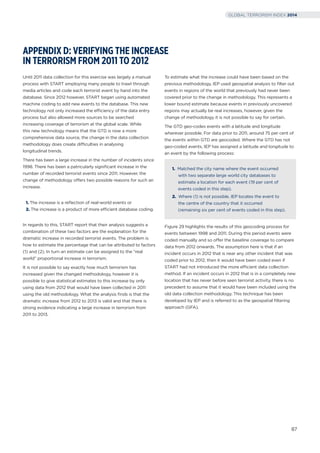 APPENDIX D: VERIFYING THE INCREASE
IN TERRORISM FROM 2011 TO 2012
Until 2011 data collection for this exercise was largely a manual
process with START employing many people to trawl through
media articles and code each terrorist event by hand into the
database. Since 2012 however, START began using automated
machine coding to add new events to the database. This new
technology not only increased the efficiency of the data entry
process but also allowed more sources to be searched
increasing coverage of terrorism at the global scale. While
this new technology means that the GTD is now a more
comprehensive data source, the change in the data collection
methodology does create difficulties in analysing
longitudinal trends.
There has been a large increase in the number of incidents since
1998. There has been a patricularly signiﬁcant increase in the
number of recorded terrorist events since 2011. However, the
change of methodology offers two possible reasons for such an
increase.
1. The increase is a reﬂection of real-world events or
2. The increase is a product of more efficient database coding.
In regards to this, START report that their analysis suggests a
combination of these two factors are the explanation for the
dramatic increase in recorded terrorist events. The problem is
how to estimate the percentage that can be attributed to factors
(1) and (2). In turn an estimate can be assigned to the “real
world” proportional increase in terrorism.
It is not possible to say exactly how much terrorism has
increased given the changed methodology, however it is
possible to give statistical estimates to this increase by only
using data from 2012 that would have been collected in 2011
using the old methodology. What the analysis ﬁnds is that the
dramatic increase from 2012 to 2013 is valid and that there is
strong evidence indicating a large increase in terrorism from
2011 to 2013.
To estimate what the increase could have been based on the
previous methodology, IEP used geospatial analysis to ﬁlter out
events in regions of the world that previously had never been
covered prior to the change in methodology. This represents a
lower bound estimate because events in previously uncovered
regions may actually be real increases, however, given the
change of methodology it is not possible to say for certain.
The GTD geo-codes events with a latitude and longitude
wherever possible. For data prior to 2011, around 75 per cent of
the events within GTD are geocoded. Where the GTD has not
geo-coded events, IEP has assigned a latitude and longitude to
an event by the following process:
1. Matched the city name where the event occurred
with two separate large world city databases to
estimate a location for each event (19 per cent of
events coded in this step).
2. Where (1) is not possible, IEP locates the event to
the centre of the country that it occurred
(remaining six per cent of events coded in this step).
Figure 29 highlights the results of this geocoding process for
events between 1998 and 2011. During this period events were
coded manually and so offer the baseline coverage to compare
data from 2012 onwards. The assumption here is that if an
incident occurs in 2012 that is near any other incident that was
coded prior to 2012, then it would have been coded even if
START had not introduced the more efficient data collection
method. If an incident occurs in 2012 that is in a completely new
location that has never before seen terrorist activity, there is no
precedent to assume that it would have been included using the
old data collection methodology. This technique has been
developed by IEP and is referred to as the geospatial ﬁltering
approach (GFA).
87
GLOBAL TERRORISM INDEX 2014
 