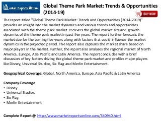 Complete Report @ http://www.marketreportsonline.com/340940.html
Global Theme Park Market: Trends & Opportunities
(2014-19)
The report titled "Global Theme Park Market: Trends and Opportunities (2014-2019)"
provides an insight into the market dynamics and various trends and opportunities
associated with the theme park market. It covers the global market size and growth
dynamics of the theme park market in past five years. The report further forecasts the
market size for the coming five years along with factors that could influence the market
dynamics in the projected period. The report also captures the market share based on
major players in the market. Further, the report also analyzes the regional market of North
America, Europe, Asia Pacific and Latin America. The report concludes with a brief
discussion of key factors driving the global theme park market and profiles major players
like Disney, Universal Studios, Six Flag and Merlin Entertainment.
Geographical Coverage: Global, North America, Europe, Asia Pacific & Latin America
Company Coverage
• Disney
• Universal Studios
• Six Flag
• Merlin Entertainment
 
