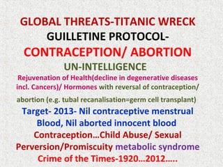 GLOBAL THREATS-TITANIC WRECK
GUILLETINE PROTOCOL-
CONTRACEPTION/ ABORTION
UN-INTELLIGENCE
Rejuvenation of Health(decline in degenerative diseases
incl. Cancers)/ Hormones with reversal of contraception/
abortion (e.g. tubal recanalisation=germ cell transplant)
Target- 2013- Nil contraceptive menstrual
Blood, Nil aborted innocent blood
Contraception…Child Abuse/ Sexual
Perversion/Promiscuity metabolic syndrome
Crime of the Times-1920…2012…..
 