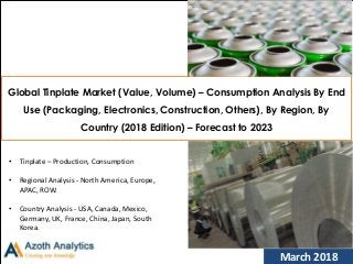 March 2018
Global Tinplate Market (Value, Volume) – Consumption Analysis By End
Use (Packaging, Electronics, Construction, Others), By Region, By
Country (2018 Edition) – Forecast to 2023
• Tinplate – Production, Consumption
• Regional Analysis - North America, Europe,
APAC, ROW.
• Country Analysis - USA, Canada, Mexico,
Germany, UK, France, China, Japan, South
Korea.
 