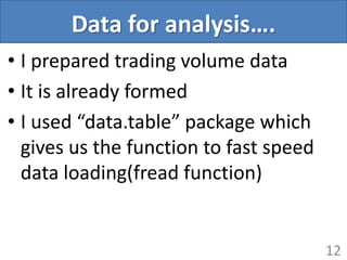 Data for analysis….
• I prepared trading volume data
• It is already formed
• I used “data.table” package which
gives us the function to fast speed
data loading(fread function)
12
 