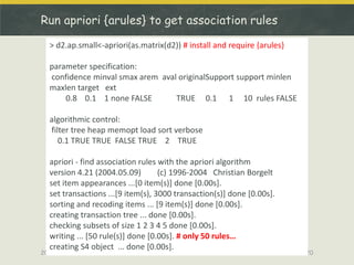 Run apriori {arules} to get association rules
2014/4/17 20
> d2.ap.small<-apriori(as.matrix(d2)) # install and require {ar...