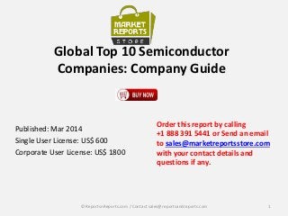 Global Top 10 Semiconductor
Companies: Company Guide
Published: Mar 2014
Single User License: US$ 600
Corporate User License: US$ 1800
Order this report by calling
+1 888 391 5441 or Send an email
to sales@marketreportsstore.com
with your contact details and
questions if any.
1© ReportsnReports.com / Contact sales@reportsandreports.com
 