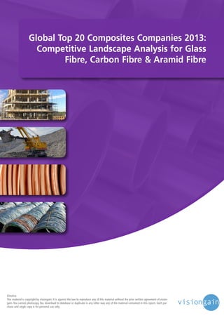 Global Top 20 Composites Companies 2013:
Competitive Landscape Analysis for Glass
Fibre, Carbon Fibre & Aramid Fibre

©notice
This material is copyright by visiongain. It is against the law to reproduce any of this material without the prior written agreement of visiongain. You cannot photocopy, fax, download to database or duplicate in any other way any of the material contained in this report. Each purchase and single copy is for personal use only.

 