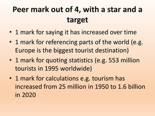 Peer mark out of 4, with a star and a
target
• 1 mark for saying it has increased over time
• 1 mark for referencing parts of the world (e.g.
Europe is the biggest tourist destination)
• 1 mark for quoting statistics (e.g. 553 million
tourists in 1995 worldwide)
• 1 mark for calculations e.g. tourism has
increased from 25 million in 1950 to 1.6 billion
in 2020
 