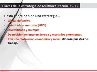 Claves	
  de	
  la	
  estrategia	
  de	
  Mul3localización	
  96-­‐06	
  
Hasta	
  ahora	
  ha	
  sido	
  una	
  estrategia…	
  
• 
• 
• 
• 
• 

Global	
  defensiva	
  
Orientada	
  al	
  mercado	
  (HFDI)	
  
Diversiﬁcada	
  y	
  múlAple	
  
De	
  posicionamiento	
  en	
  Europa	
  y	
  mercados	
  emergentes	
  
Con	
  una	
  moAvación	
  económica	
  y	
  social:	
  defensa	
  puestos	
  de	
  
trabajo	
  

 