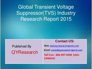 Global Transient Voltage
Suppressor(TVS) Industry
Research Report 2015
Published By
QYResearch
Contact US:
Web: www.qyresearchreports.com
Email: sales@qyresearchreports.com
Toll Free : 866-997-4948 (USA-
CANADA)
 