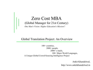 Zero Cost MBA
(Global Manager for 21st Century)
Global Translation Project: An Overview
100+ countries,
2000+ people,
2000+ e-mails,
100+ Major World Languages,
A Unique Global Crowd-Sourcing Intelligence Project
One Man's Vision: Higher Education's Mission!!
Ankit Khandelwal,
http://www.ankitkhandelwal.in
 