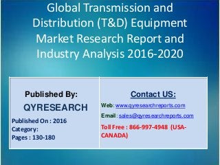 Global Transmission and
Distribution (T&D) Equipment
Market Research Report and
Industry Analysis 2016-2020
Published By:
QYRESEARCH
Published On : 2016
Category:
Pages : 130-180
Contact US:
Web: www.qyresearchreports.com
Email: sales@qyresearchreports.com
Toll Free : 866-997-4948 (USA-
CANADA)
 