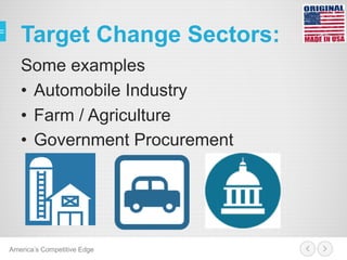 Target Change Sectors:
Some examples
•  Automobile Industry
•  Farm / Agriculture
•  Government Procurement
America’s Competitive Edge
 