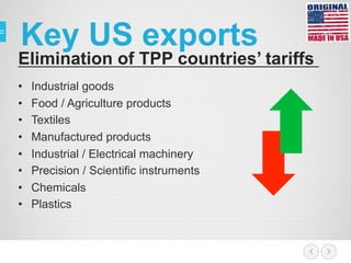 Elimination of TPP countries’ tariffs
•  Industrial goods
•  Food / Agriculture products
•  Textiles
•  Manufactured products
•  Industrial / Electrical machinery
•  Precision / Scientific instruments
•  Chemicals
•  Plastics
Key US exports
 