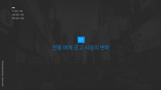 전통 매체 광고 시장의 변화
01
TV 광고 시장
신문 광고 시장
옥외 광고 시장
Nasmedia,GlobalMarketing
 